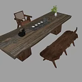 Rustic Wooden Tea Table With Chairs Bench Tea Set And Small Plant 3d model