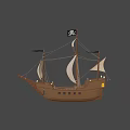 Vintage Wooden Pirate Ship With White Sails And Black Jolly Roger Flag