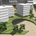 Modern Architectural Complex Design With Green Lawns Trees And Open Plaza 3d model