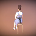 Woman Sitting On A Chair In Blue Dress With Black Belt And High Heels
