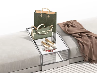 Green Handbag On Clear Tray With Gold Shoes And Brown Scarf By Light Gray Sofa 3d model