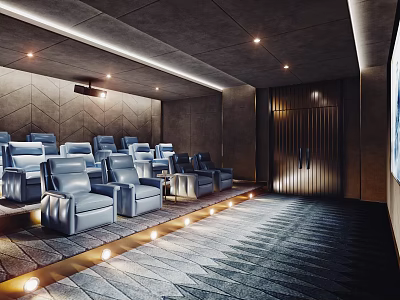 Luxury Home Theater Interior With Comfortable Leather Seats Ambient Lighting And Projector Screen 3d model