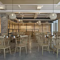 Warm Restaurant Interior With Wooden Tables Chairs Hanging Lights And Brick Walls