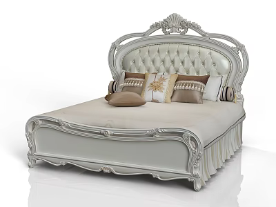 Luxurious Double Bed With Ornate Carved Headboard Tufted Upholstery And Decorative Pillows 3d model
