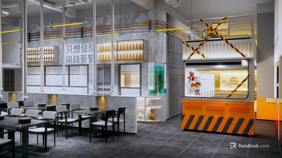 Modern Industrial Restaurant Interior With Dining Tables Open Kitchen Display Shelves And Decorative Lines 3d model 