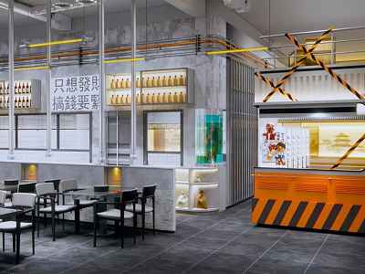 Modern Industrial Restaurant Interior With Dining Tables Open Kitchen Display Shelves And Decorative Lines 3d model