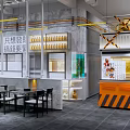 Modern Industrial Restaurant Interior With Dining Tables Open Kitchen Display Shelves And Decorative Lines
