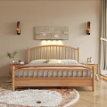 Modern Bedroom Interior Featuring Wooden Bed Nightstand Rug Large Window Green View And Wall Art