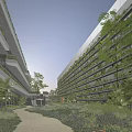 Modern Office Building With Green Plant Walls Glass Curtain Facade And Courtyard