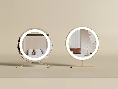 Round Vanity Mirrors With LED Lights And Golden Stands Reflecting Interior Scenes 3d model