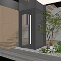 Modern Designed Elevator Lobby With Wooden Walls Staircase And Greenery