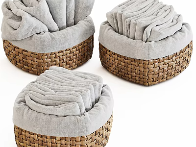 Woven Storage Baskets with Soft Gray Towels Set of Three 3d model