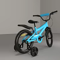 Blue Children's Bicycle With Training Wheels Black Seat And Handlebars