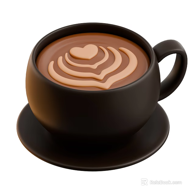 Delicious Coffee in Dark Brown Cup with Saucer Featuring Heart Shape Swirl Latte Art 3d model 