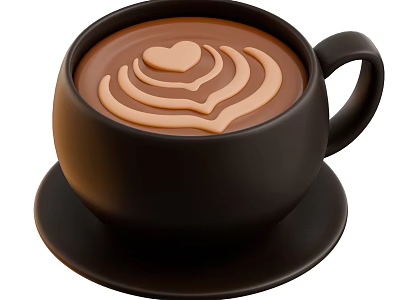Delicious Coffee in Dark Brown Cup with Saucer Featuring Heart Shape Swirl Latte Art 3d model