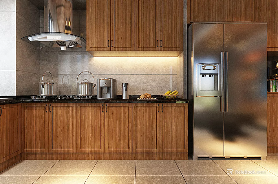 Wooden Kitchen Cabinets With Stainless Steel Refrigerator Range Hood And Sink 3d model 