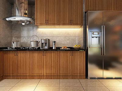 Wooden Kitchen Cabinets With Stainless Steel Refrigerator Range Hood And Sink 3d model