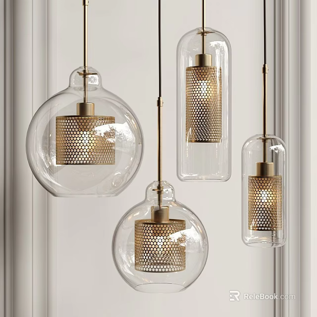 Modern Pendant Lights With Transparent Glass Shades And Brass Perforated Metal Details 3d model 