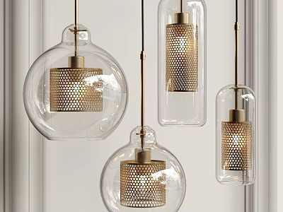 Modern Pendant Lights With Transparent Glass Shades And Brass Perforated Metal Details 3d model