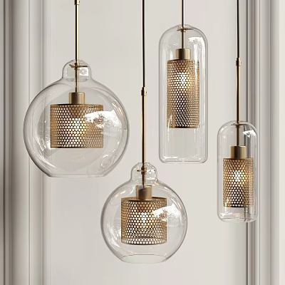Modern Pendant Lights With Transparent Glass Shades And Brass Perforated Metal Details 3d model