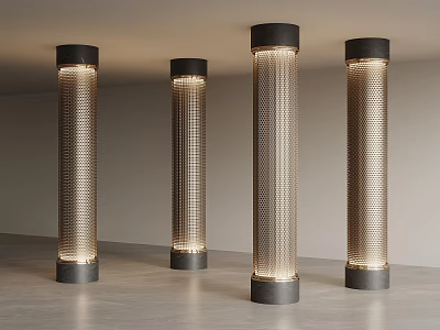 Modern Illuminated Columns With Perforated Mesh Texture Black Top And Base In Interior Design 3d model