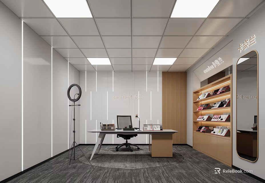 Modern Public Office Space Featuring Work Desk Computer Office Chair Wooden Bookshelf And Ceiling Lights 3d model 