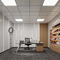 Modern Public Office Space Featuring Work Desk Computer Office Chair Wooden Bookshelf And Ceiling Lights