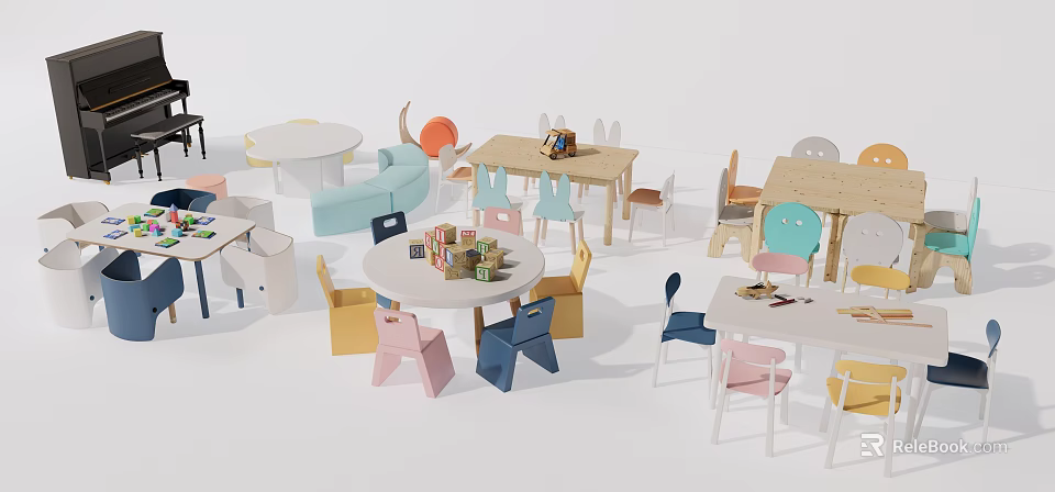 Colorful Kids Table with Matching Chairs for Play and Study Time Activities 3d model 