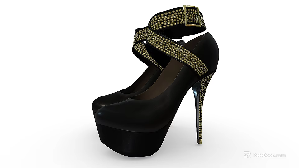 Elegant Black Platform High Heels with Crisscross Straps and Gold Accents 3d model 