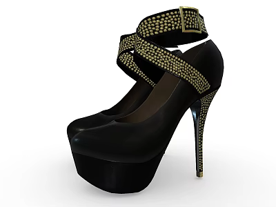 Elegant Black Platform High Heels with Crisscross Straps and Gold Accents 3d model