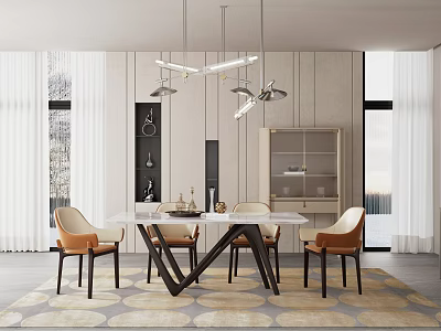 Modern Restaurant Interior With Dining Table Chairs Pendant Lights And Decorative Cabinet 3d model