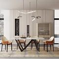 Modern Restaurant Interior With Dining Table Chairs Pendant Lights And Decorative Cabinet
