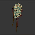 Intricate Green Mask With Detailed Golden Decorations And Red Ribbons On Stand