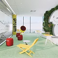 Casual Lounge Space with Red Round Stools Wooden Chair Yellow POCEM Pillar and Green Carpet