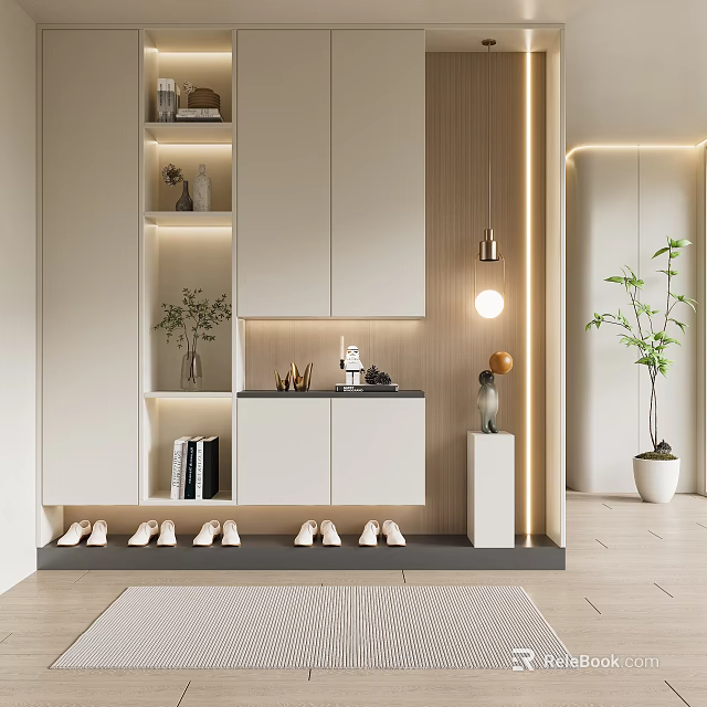 Modern Entryway Interior With Stylish Shoe Cabinet Storage Shelves Shoes And Decorative Plants 3d model 