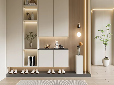 Modern Entryway Interior With Stylish Shoe Cabinet Storage Shelves Shoes And Decorative Plants 3d model
