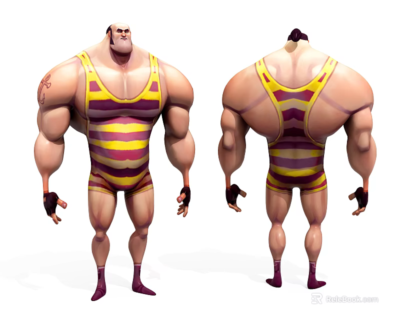Muscular Game Movie Character With Yellow Purple Striped Outfit Tattoos And Gloves Front Back Views 3d model 