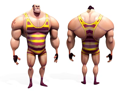 Muscular Game Movie Character With Yellow Purple Striped Outfit Tattoos And Gloves Front Back Views 3d model