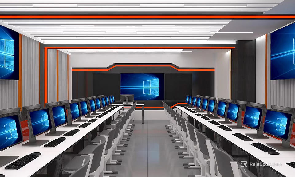 School Modern Computer Lab With Rows Of Desktop Computers Student Desks And Large Screen 3d model 