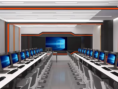 School Modern Computer Lab With Rows Of Desktop Computers Student Desks And Large Screen 3d model