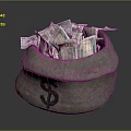 Linen Sack Filled With US Dollar Bills And Printed Dollar Sign On Surface