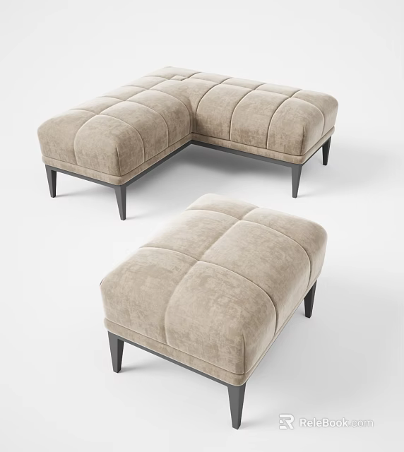 Modern Beige Tufted Ottoman With Black Legs L Shaped And Rectangular Design 3d model 