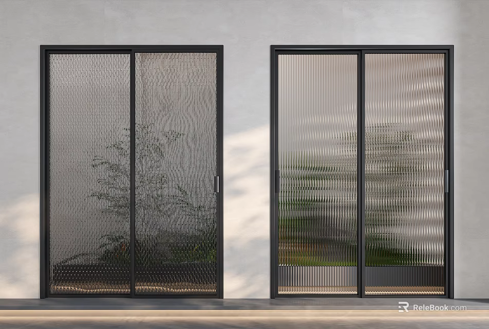 Modern Black Framed Sliding Doors with Mesh Ribbed Glass and Outdoor Greenery 3d model 