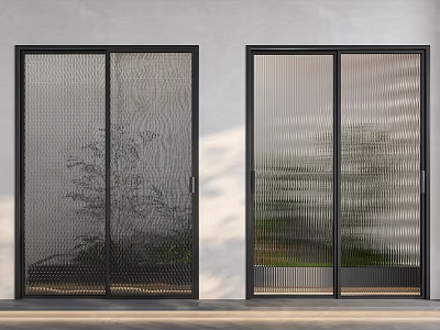 Modern Black Framed Sliding Doors with Mesh Ribbed Glass and Outdoor Greenery 3d model