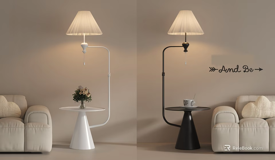 Stylish White and Black Floor Lamps with Small Tables Flower and Cup in Living Space 3d model 