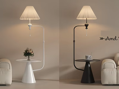 Stylish White and Black Floor Lamps with Small Tables Flower and Cup in Living Space 3d model