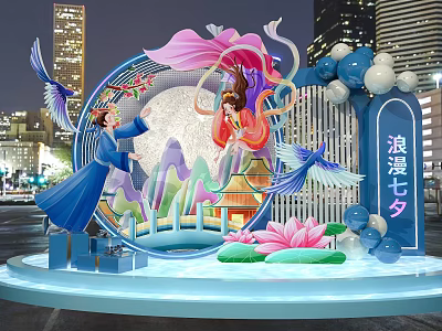Traditional Qixi Festival Stage with Ancient Style Figures Moon Lotus Flowers and Blue Birds 3d model