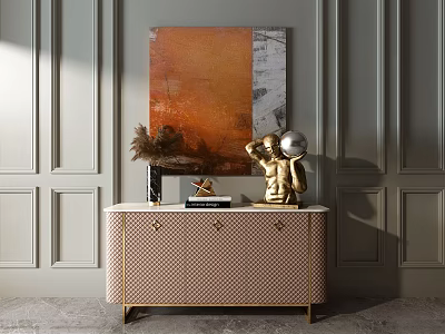 Entryway Console Table With Golden Frame Checkerboard Surface And Decor Items On Grey Paneled Wall 3d model