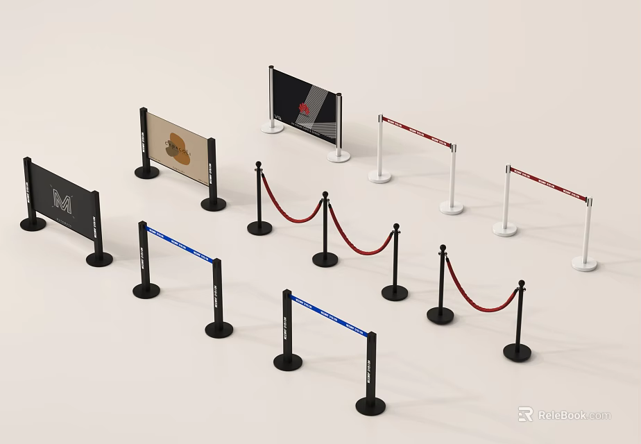 Various Barrier Railings With Red Ropes Patterned Panels Black Bases And White Poles 3d model 
