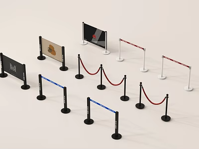 Various Barrier Railings With Red Ropes Patterned Panels Black Bases And White Poles 3d model